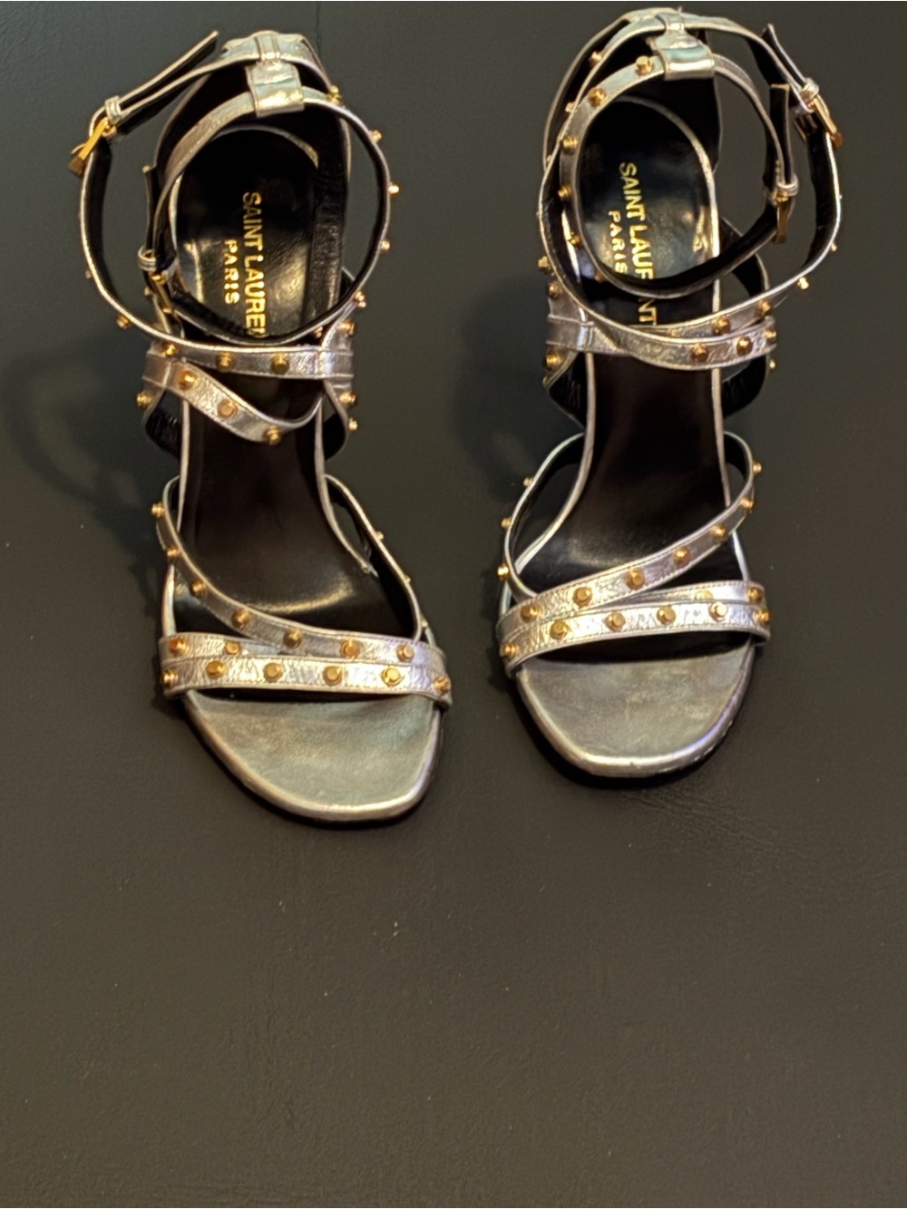 Saint Laurent Silver Metallic Studded Strappy Heels